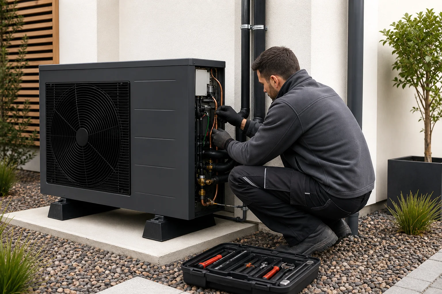 Installateur qualifié contrôlant une pompe à chaleur